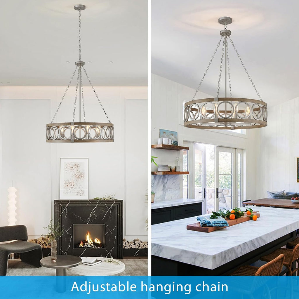 XINGQI 8-Light Modern Chandelier Large Round Drum Chandeliers for Dining Room 32.3' Rustic Pendant Brushed Nickel Light Fixture Over Table Farmhouse Metal Wood Grain Finish