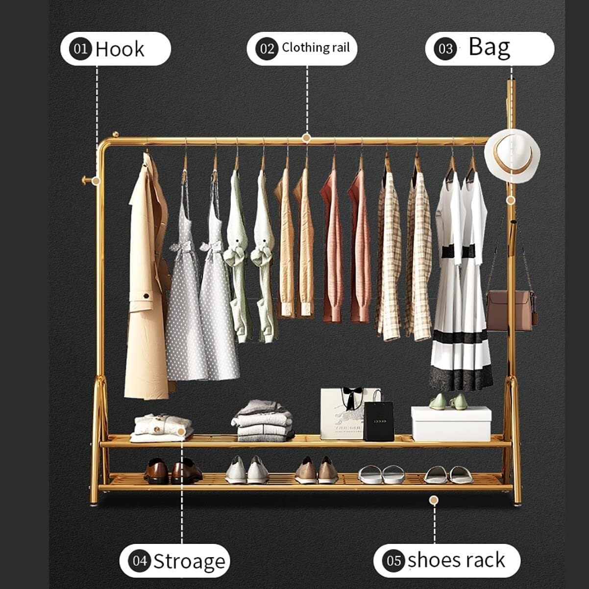 Metal Clothes Rod Rack with Shoe Bench, Coat Stand with Top Rod and Bottom Shelf, Freestanding Garment Rack for Bedroom