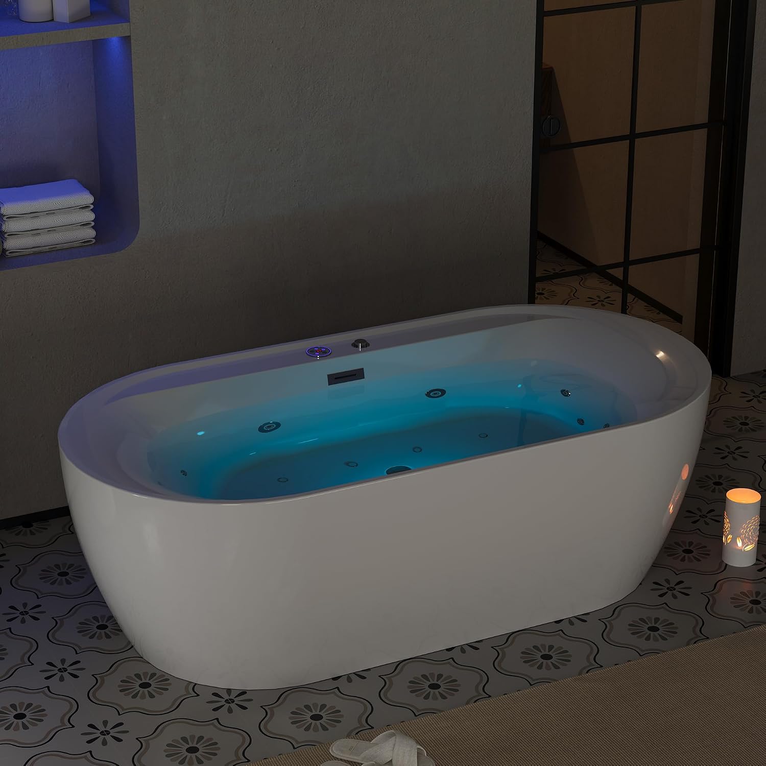 ‌71'' Freestanding Jetted Bathtub with Bubble Massage & Heating, Acrylic Deep Soaking Bath Tub with LED Lights, Hotel Grade for Spa & Home Bathroom, White