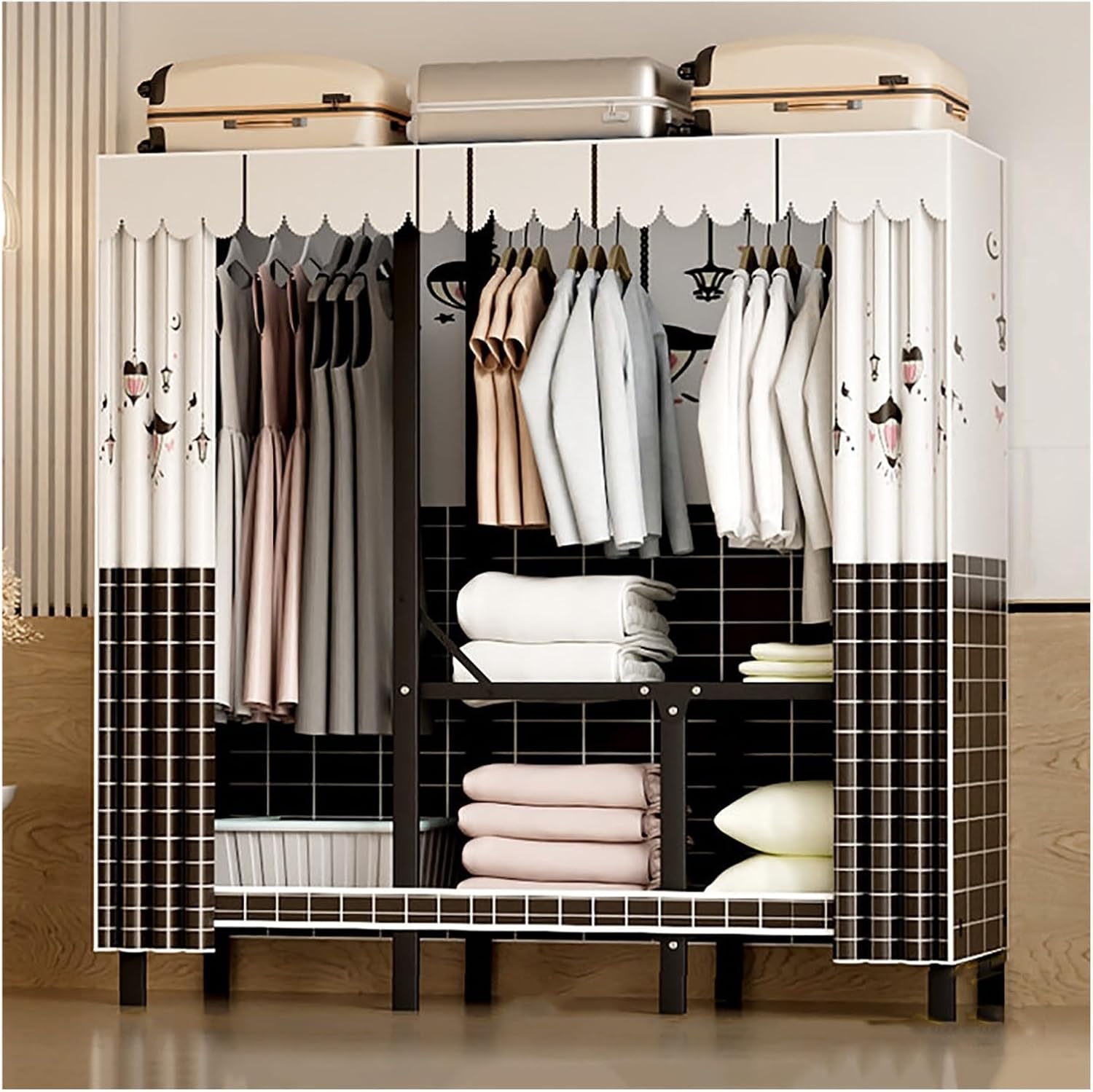 Foldable Closet With Cover,Heavy Duty Clothes Rack,Portable Wardrobe Closet For Hanging Clothing,Black Metal Garment Rack, Freestanding Covered Armoire Coat Storage(Plaid,160x48x172cm)