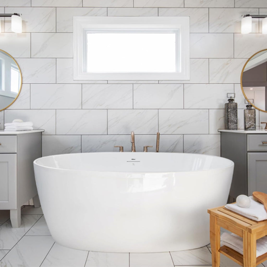 FerdY Tahiti 59' Acrylic Freestanding Bathtub, Elegant Oval Shape Bathtub, Glossy White, Brushed Nickel Drain & Back Scrubber for Shower,Long Handled Loofah on a Stick, Soft PE Mesh Back Sponge