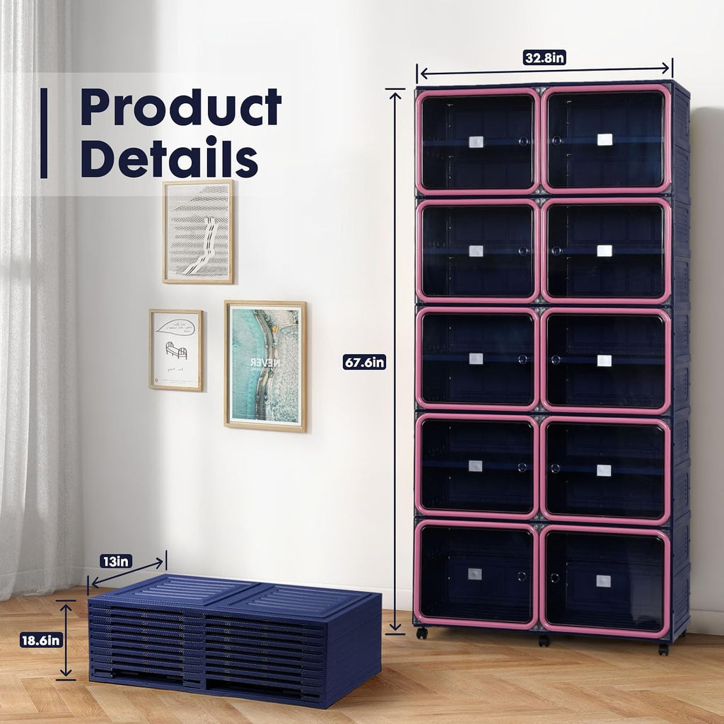 Folding Shoe Rack Storage Device,Large Plastic Folding Shoe Cabinet, Easy to Assemble Shoe Rack Storage Cabinet with Transparent Door Magnetic Buckle(9Tiers,36Pairs) Blue and Pink