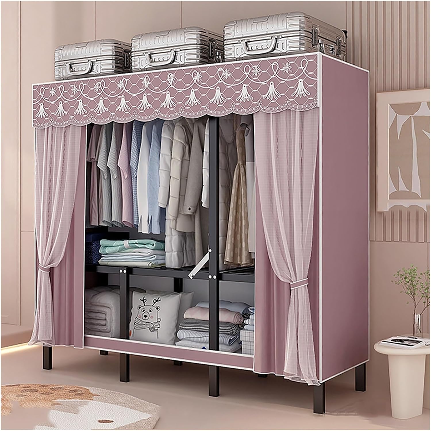Foldable Portable Wardrobe Closet With Cover, Coat Storage Garment Racks, Metal Clothing Rack For Hanging Clothes, Metal Clothes Rack For Bedroom, Dorm(Pink,240x170x45cm)