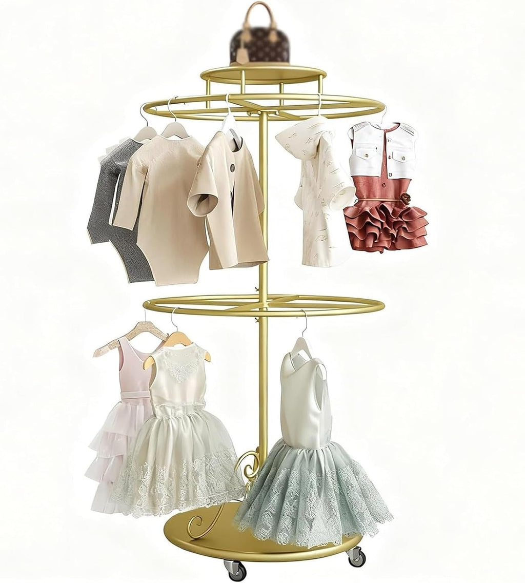Rotating Metal Garment Rack, Round, Floor Standing Clothing Stand, Clothes Retail Display Shelf, for Bedroom Boutique Commercial Shop Laundry Room, 23.6 * 59in(Gold)