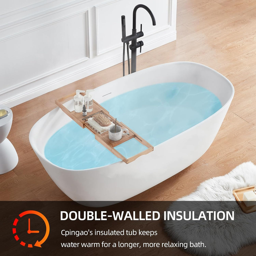 Cpingao (63'Lx31.5'Wx22'T) Stone Resin Solid Surface Freestanding Bathtub, Modern Elegant Design Soaking Stand Alone Tub, Matte White, Chrome Drain and Overflow Included 8823A
