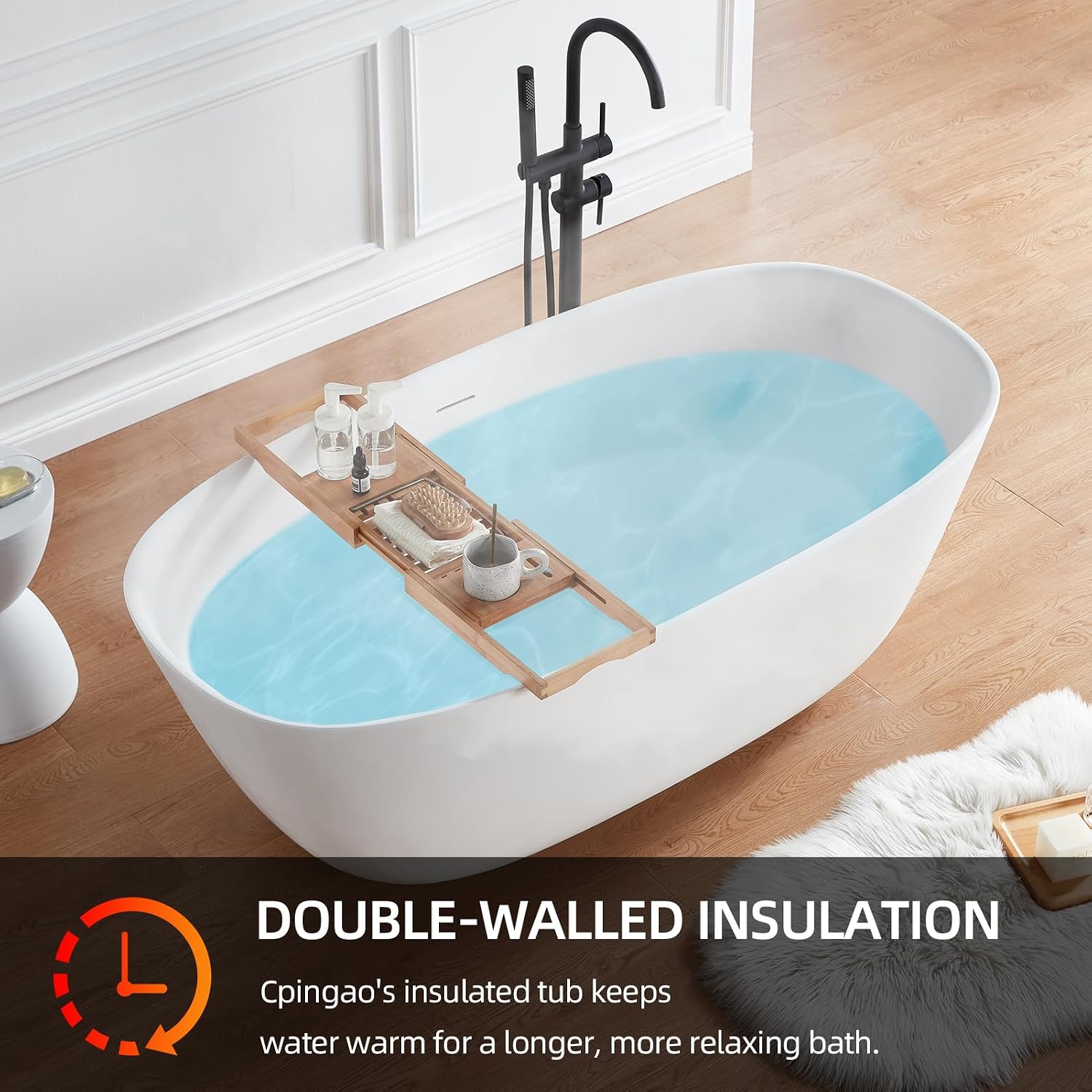 Cpingao (63'Lx31.5'Wx22'T) Stone Resin Solid Surface Freestanding Bathtub, Modern Elegant Design Soaking Stand Alone Tub, Matte White, Chrome Drain and Overflow Included 8823A