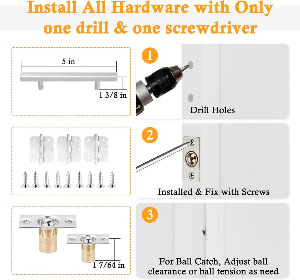60' x 80' Ball Catch French Doors, 3 Panel Clear Glass Solid Core Pre-Finished & Paintable Double Doors with Ball Catches & Hinges & Handles, White Door, Swing Closet Door Interior