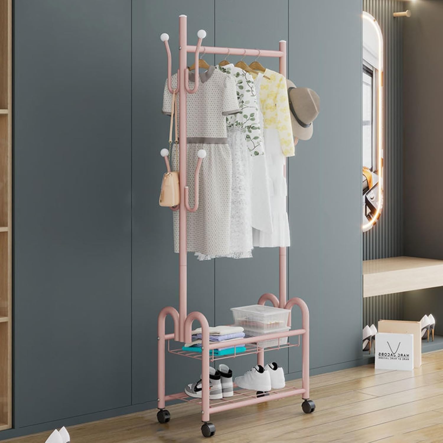 Pink Metal Clothing Hanger Rack with Wheels - Freestanding Garment Rack Organizer for Bedroom, Living Room & Retail Store - 60cm/23.62in Stylish Clothes Storage Solution