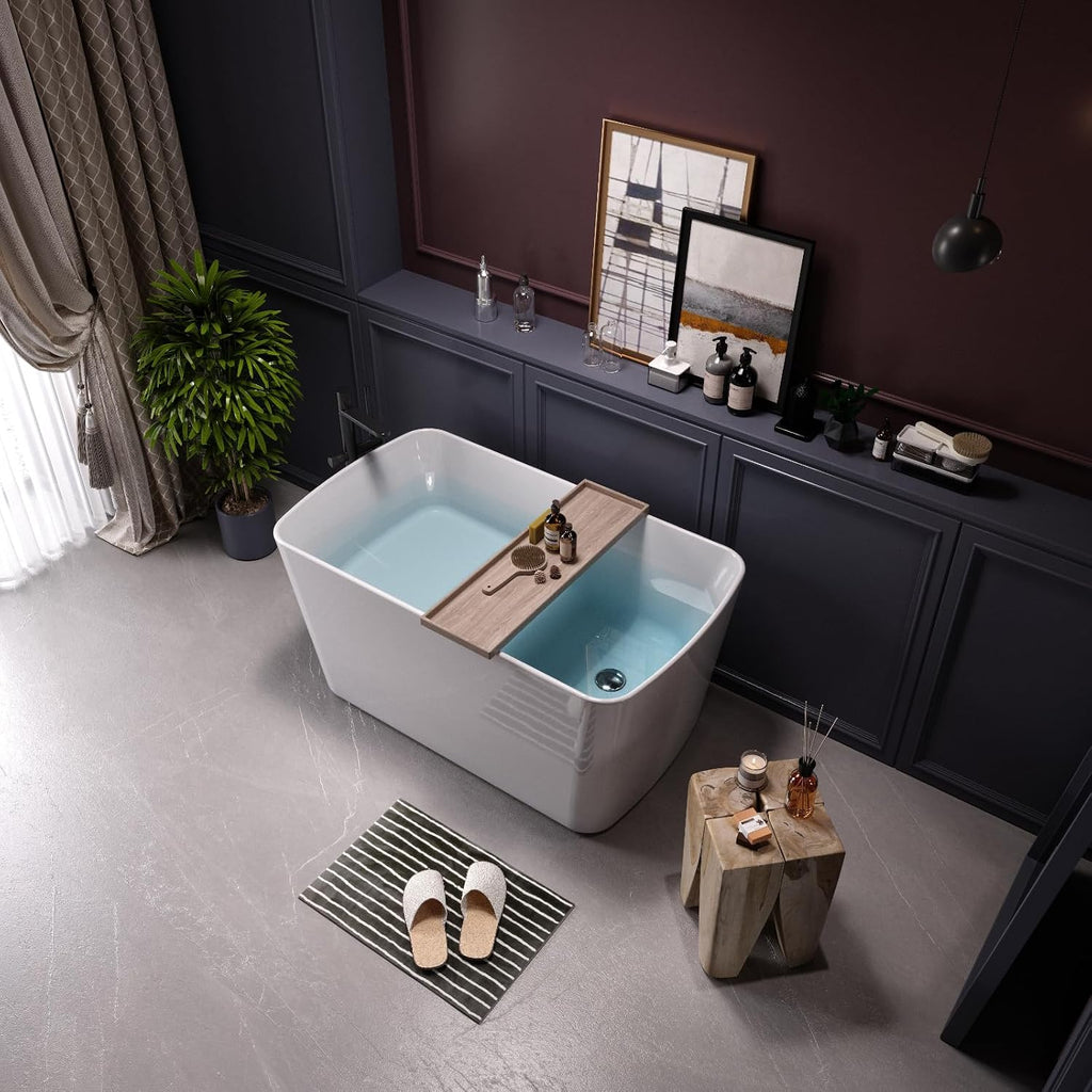 Acrylic Freestanding Bathtub - 49 Inch Square Japanese Soaking Tub with Seat, Chrome Pop-Up Drain, Overflow - cUPC Certified, Glossy White
