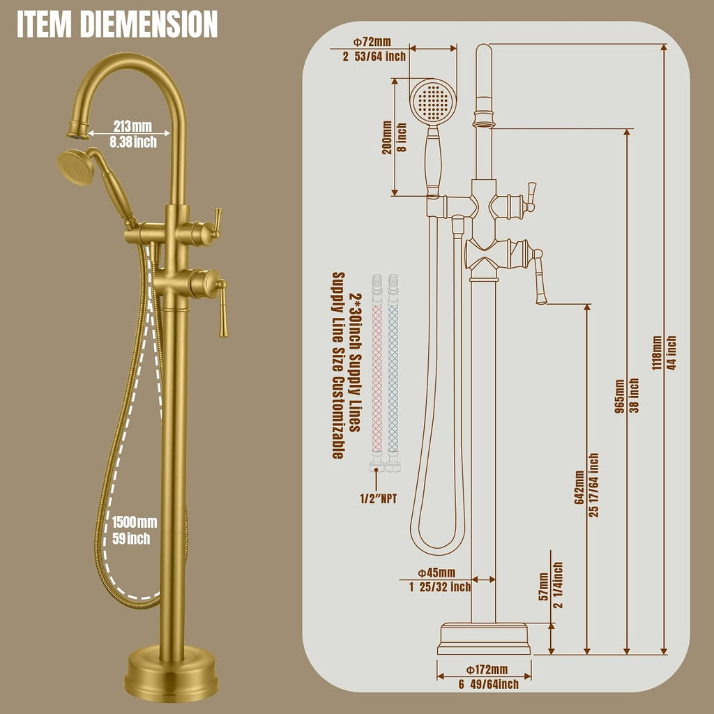 Free Standing Tub Faucet, Antique, Brushed Gold (B2311-BG) | H59-1 Premium Solid Brass, High Flow 6.6 GPM, Elegant & Vintage Styling