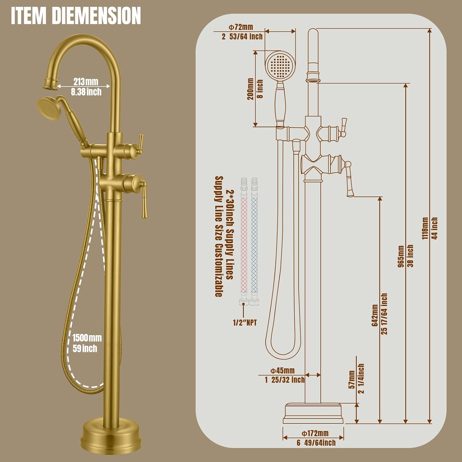 Free Standing Tub Faucet, Antique, Brushed Gold (B2311-BG) | H59-1 Premium Solid Brass, High Flow 6.6 GPM, Elegant & Vintage Styling