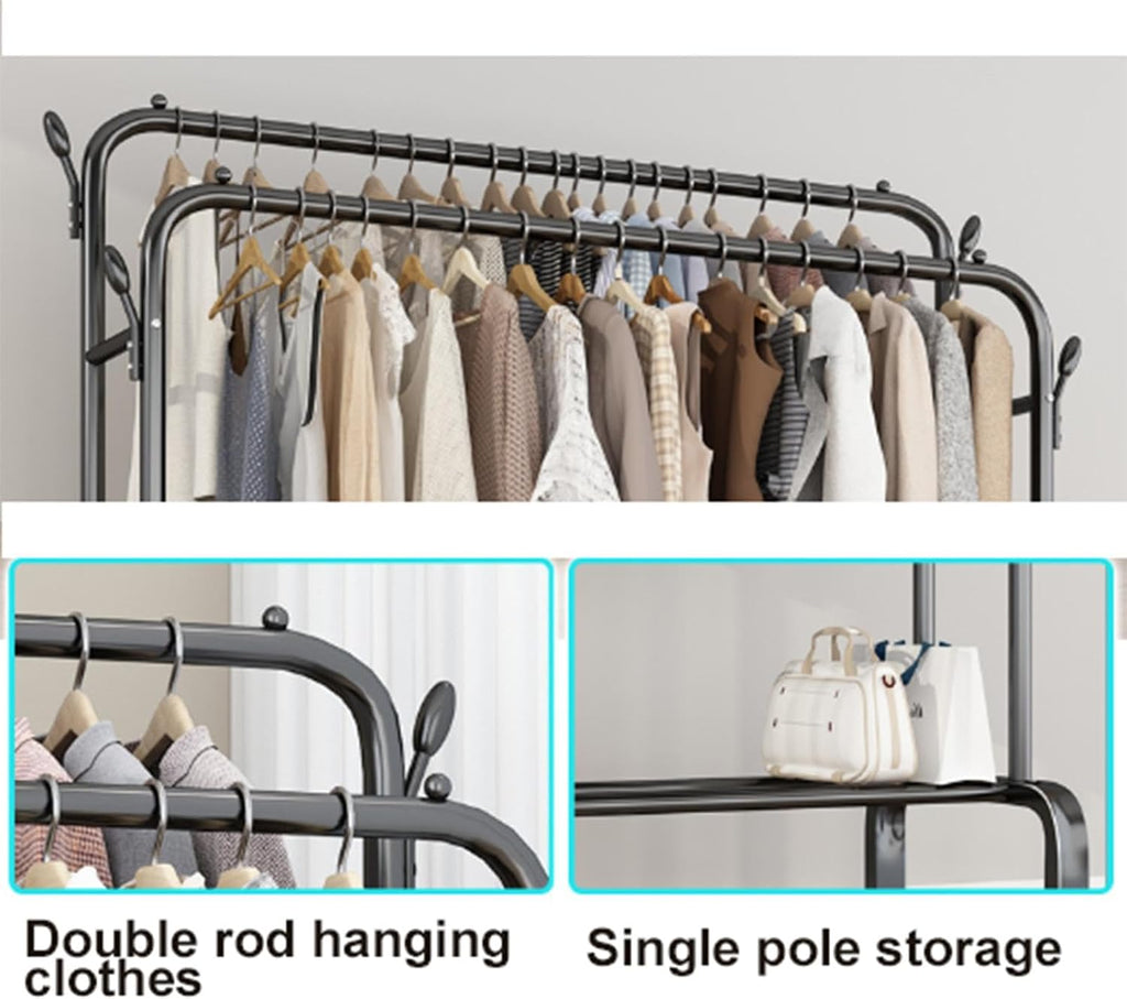 Freestanding Garment Rack for Bedroom,Multi-Functional Double Rods Clothing Rackwith Bottom Shelves and 4 Hooks,Portable Clothes Rack for Hanging Clothes,A-150 * 58 * 154cm