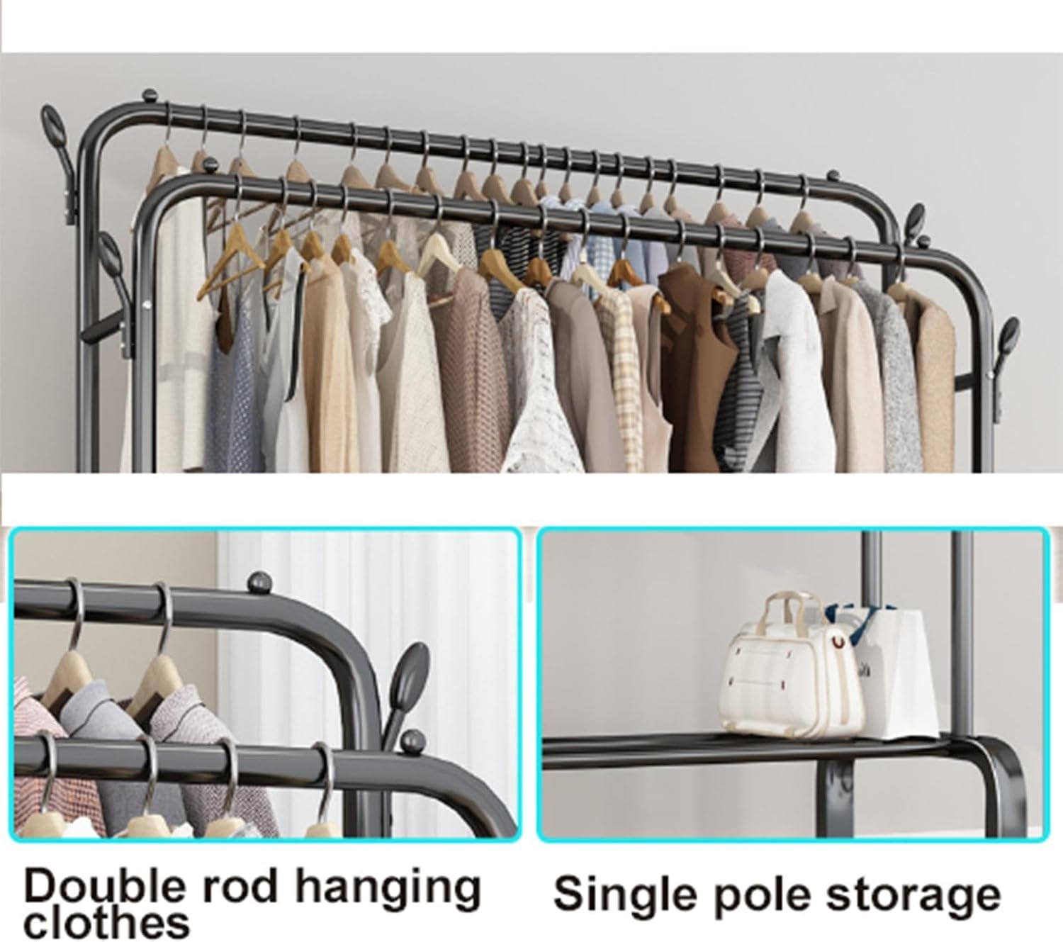 Freestanding Garment Rack for Bedroom,Multi-Functional Double Rods Clothing Rackwith Bottom Shelves and 4 Hooks,Portable Clothes Rack for Hanging Clothes,A-150 * 58 * 154cm