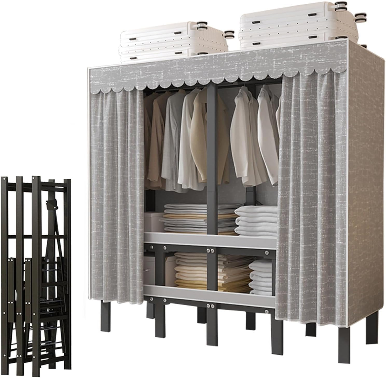 Wardrobe Clothes Organizer, Heavy Duty Garment Rack With Fabric Cover And 2 Hanging Rods, Portable Foldable Wardrobe Closet, 50cm Large Capacity Extra Wide Clothes Closets, Load 2000 Lbs(125x50x170cm)
