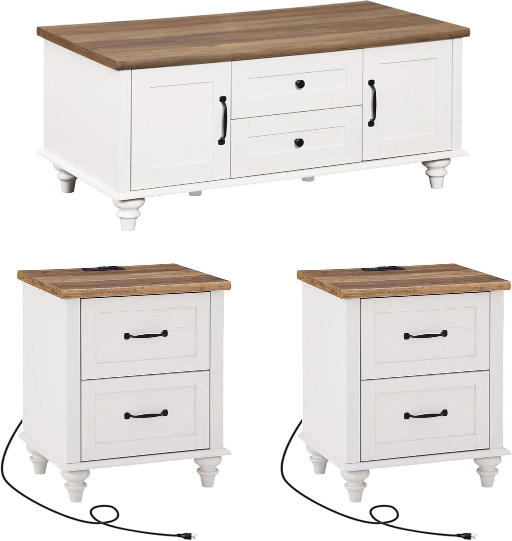 WAMPAT 3 Pieces Living Room Table Set, Set of 2 Nightstands Side Tables with Charging Station, One Rectangle Coffee Table with Storage Cabinet, Off White