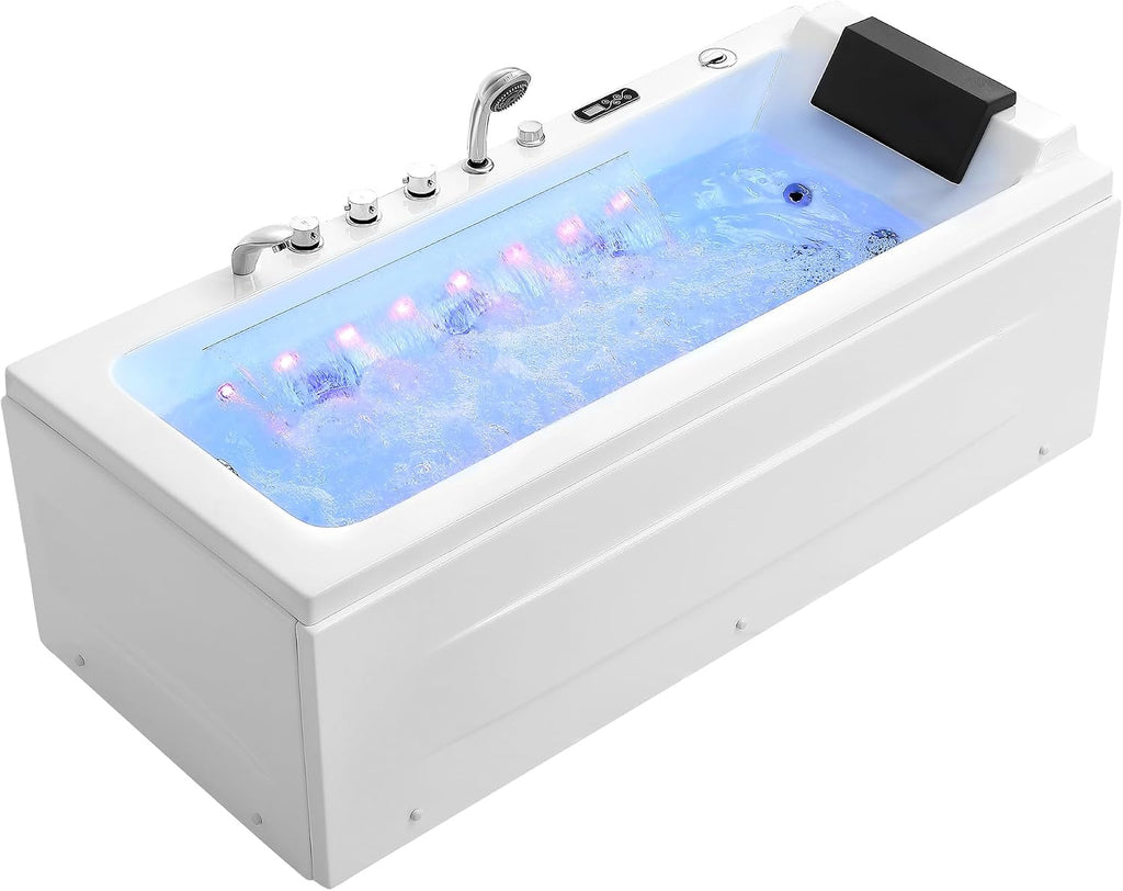 Empava Acrylic Whirlpool Bathtub, 67' Jetted Tub with Heater, Hydro Massage & Chromatherapy, White Modern Freestanding Jetted Air Bathtub