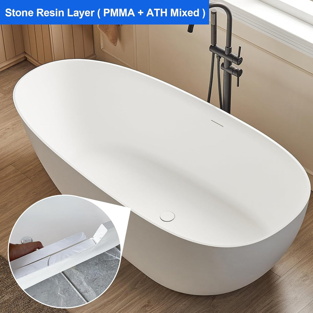 Cpingao 71' Solid Surface Bathtub, Stone Resin Freestanding Soak Tub for Bathroom, Non-Porous & Warm to Touch Surface, Matte White Deep Soaking Tub 8848-1800