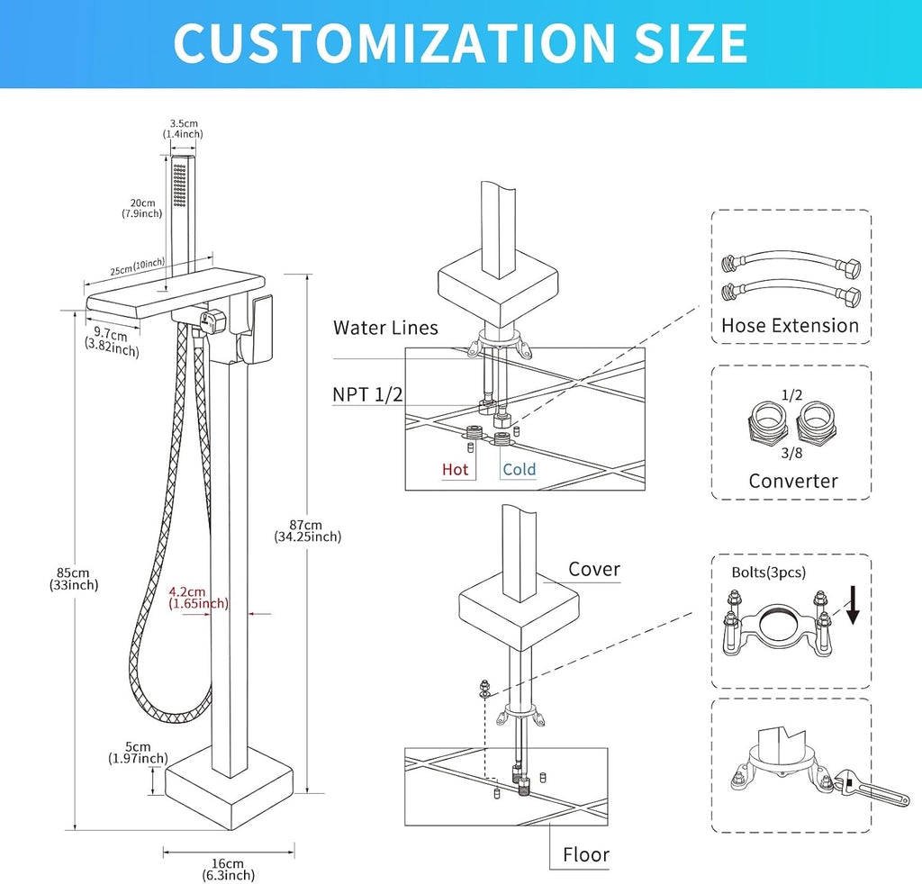 Freestanding Bathtub Faucet with Handheld Spray Single,High Flow Waterfall Bath Shower Faucet,Floor Mount Bathtub Faucet Swivel Flat Waterfall Spout Polished Chrome