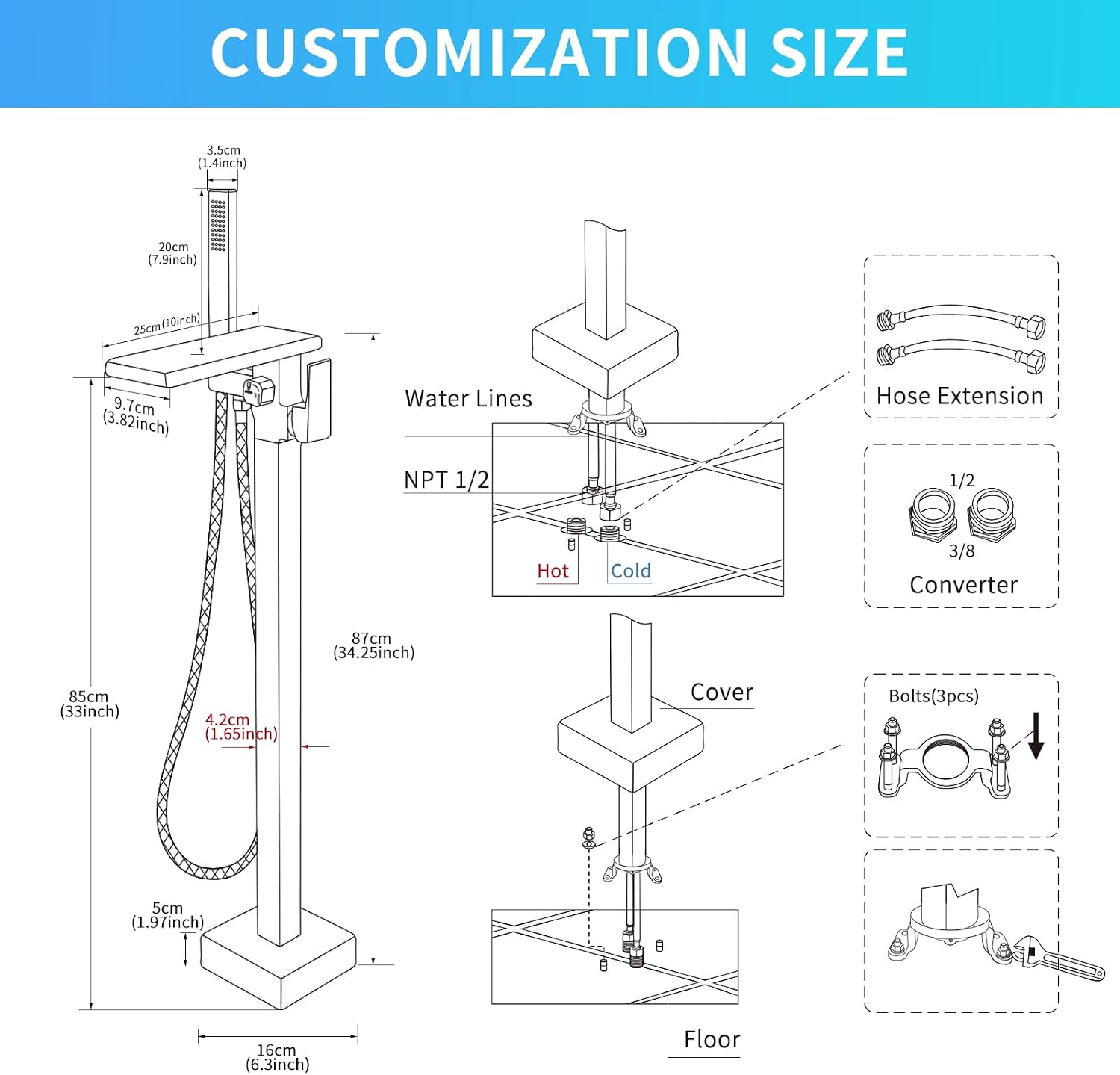 Freestanding Bathtub Faucet with Handheld Spray Single,High Flow Waterfall Bath Shower Faucet,Floor Mount Bathtub Faucet Swivel Flat Waterfall Spout Brushed Nickel