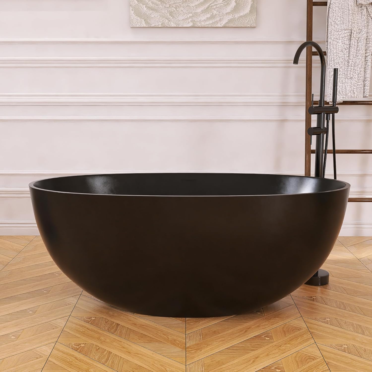 Oval 55' Freestanding Tub, Solid Surface Bathtub Matte Black | Stone Resin, Overflow and Pop up Drain, Solid Surface Bathroom Soaking Tub, Cupc Certified, Contemporary