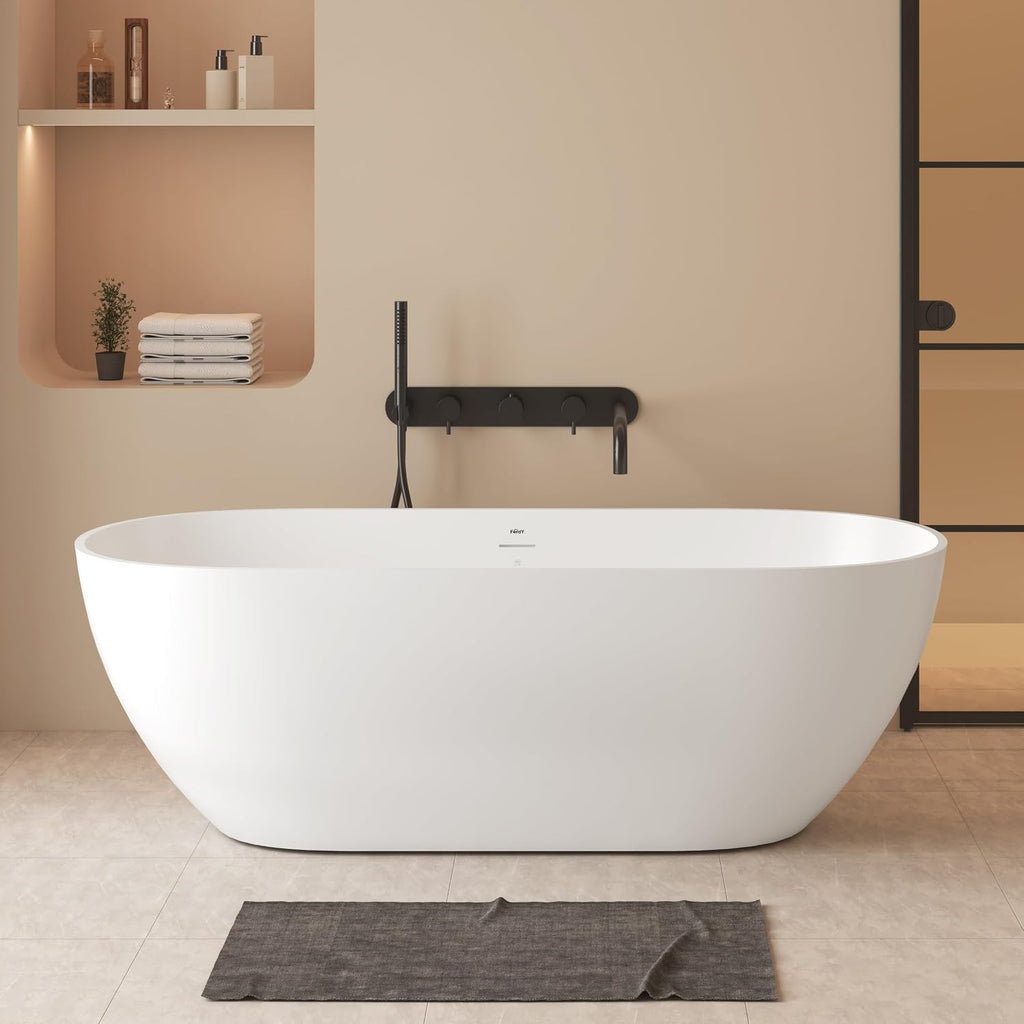 FerdY Fiji 69' Stone Resin Freestanding Bathtub, Classic Oval Shape Soaking Bathtub, Solid Surface Soaking Tub, cUPC Certified, Integrated Slotted Overflow and Matte White Pop-up Drain
