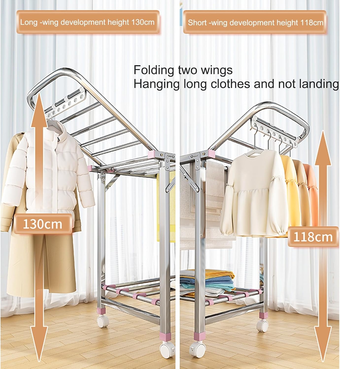 Laundry Drying Rack Collapsible,Cloths Drying Rack 2-Tier Four-Legged Clothing Rack,Portable Garment Rack with Moving Foot Wheel,Free-Standing Large Drying Rack with Height-Adjustable Wings