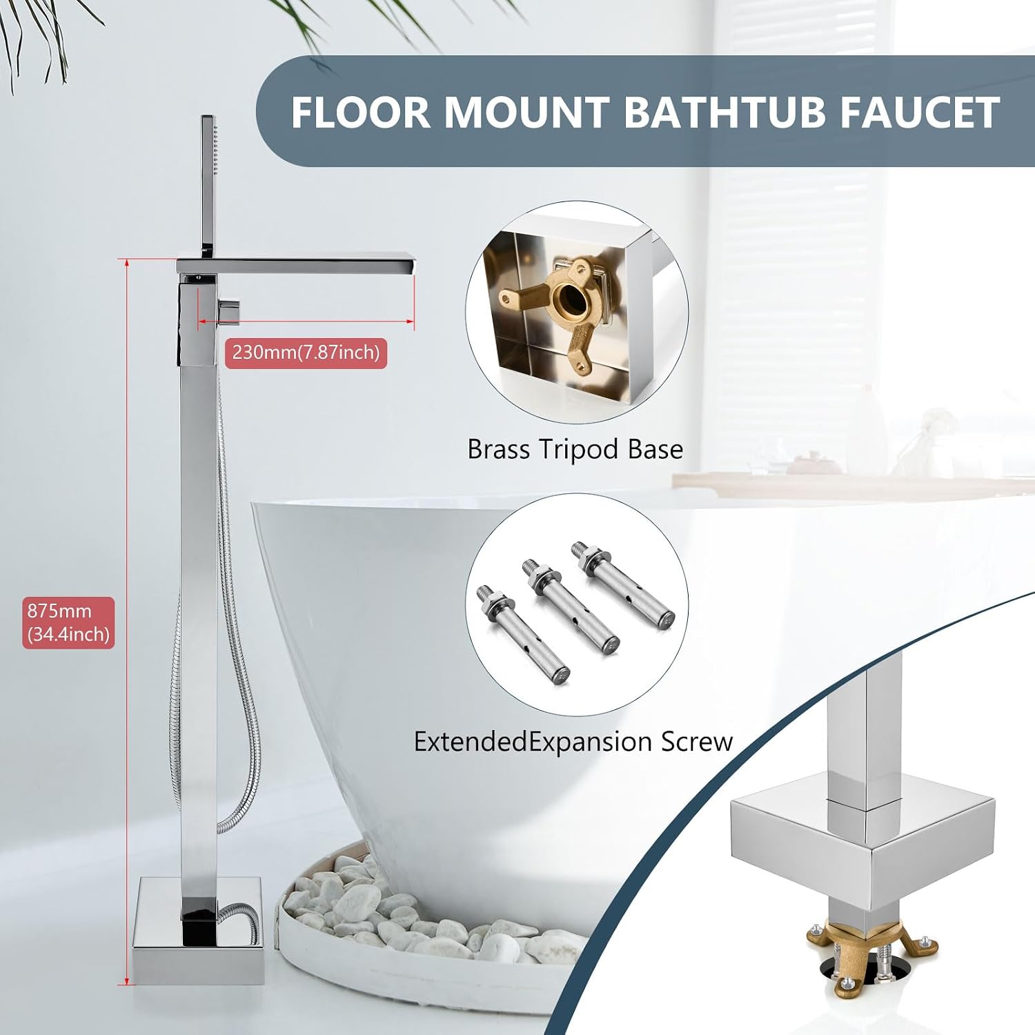 Aolemi Freestanding Bathtub Faucet Floor Mount Tub Filler with Handheld Spray Single Handle Free Standing Bathroom Faucets Swivel Flat Waterfall Spout Polish Chrome