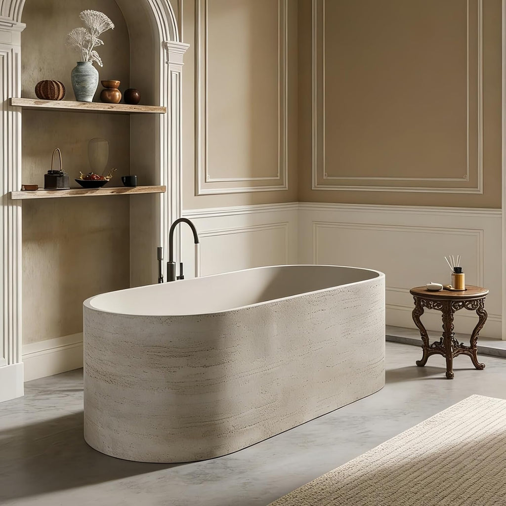 65' Edeyeu Freestanding Bathtub - Solid Surface Soaking Tub, Luxury Deep Soaker Tub, Modern Free Standing Bathtub for Ultimate Relaxation in Spas, Villas & Homes, Beige