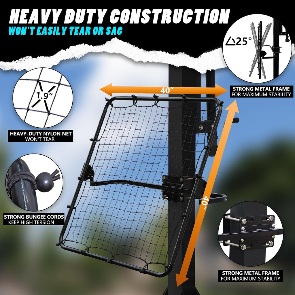 Basketball Return Attachment for Hoop - 40'x40' Rebound Net with Adjustable 3 Angles - Fits 2'-6' Round/Square Goal Poles - Multi-Sport Trainer for Basketball Baseball Soccer