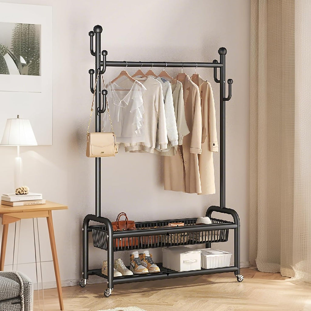 Clothes Rack With Wheels,Garment Rack With Storage Shelves And Coat/Hat Hooks,Hanging Racks For Clothes,Freestanding Rolling Clothing Organizer For Bedroom Living Room(Black,80cm(31.5in))