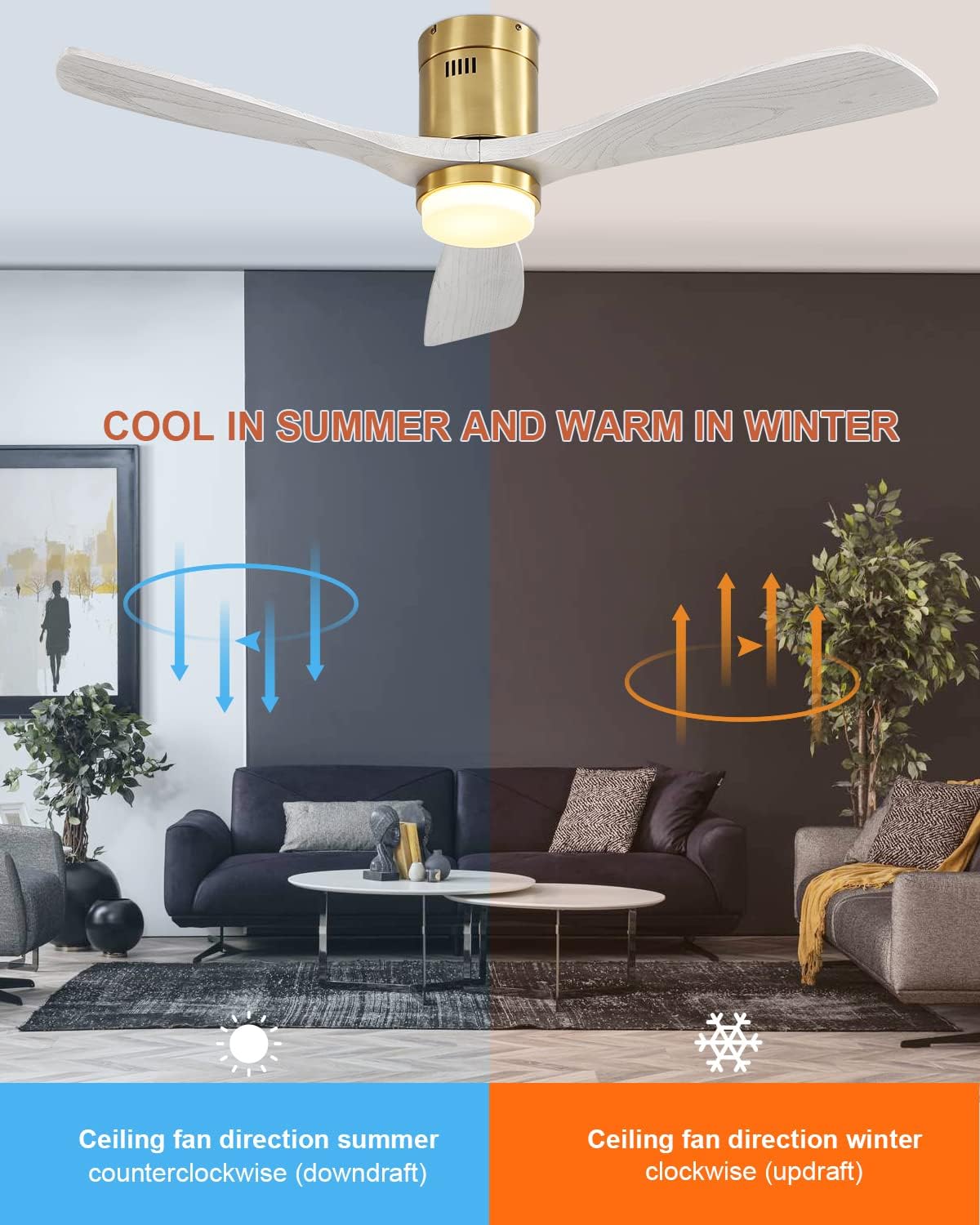 Sofucor Ceiling Fans with Lights and Remote, 52 Inch Flush Mount Ceiling Fan with Light, Quiet DC Motor, 6 Speed, 3 Blade Solid Wood Ceiling Fans for Bedroom Farmhouse Patio