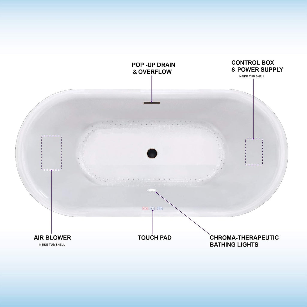 WOODBRIDGE 59' Air Bubble Acrylic Freestanding Bathtub Contemporary Soaking Tub, White Acrylic wirh Oil Rubbed Bronze Drain and Overflow,B0102-ORB