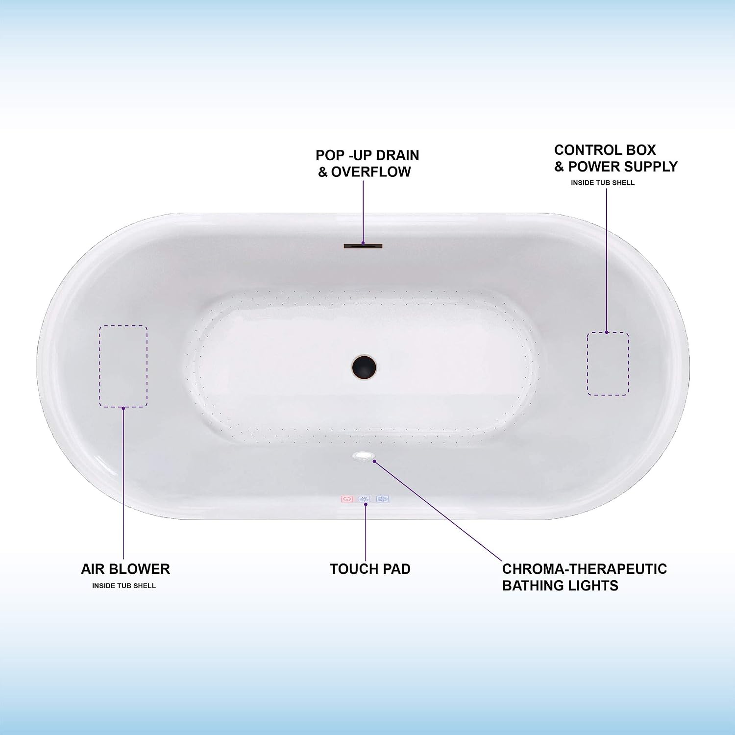 WOODBRIDGE 59' Air Bubble Acrylic Freestanding Bathtub Contemporary Soaking Tub, White Acrylic wirh Oil Rubbed Bronze Drain and Overflow,B0102-ORB