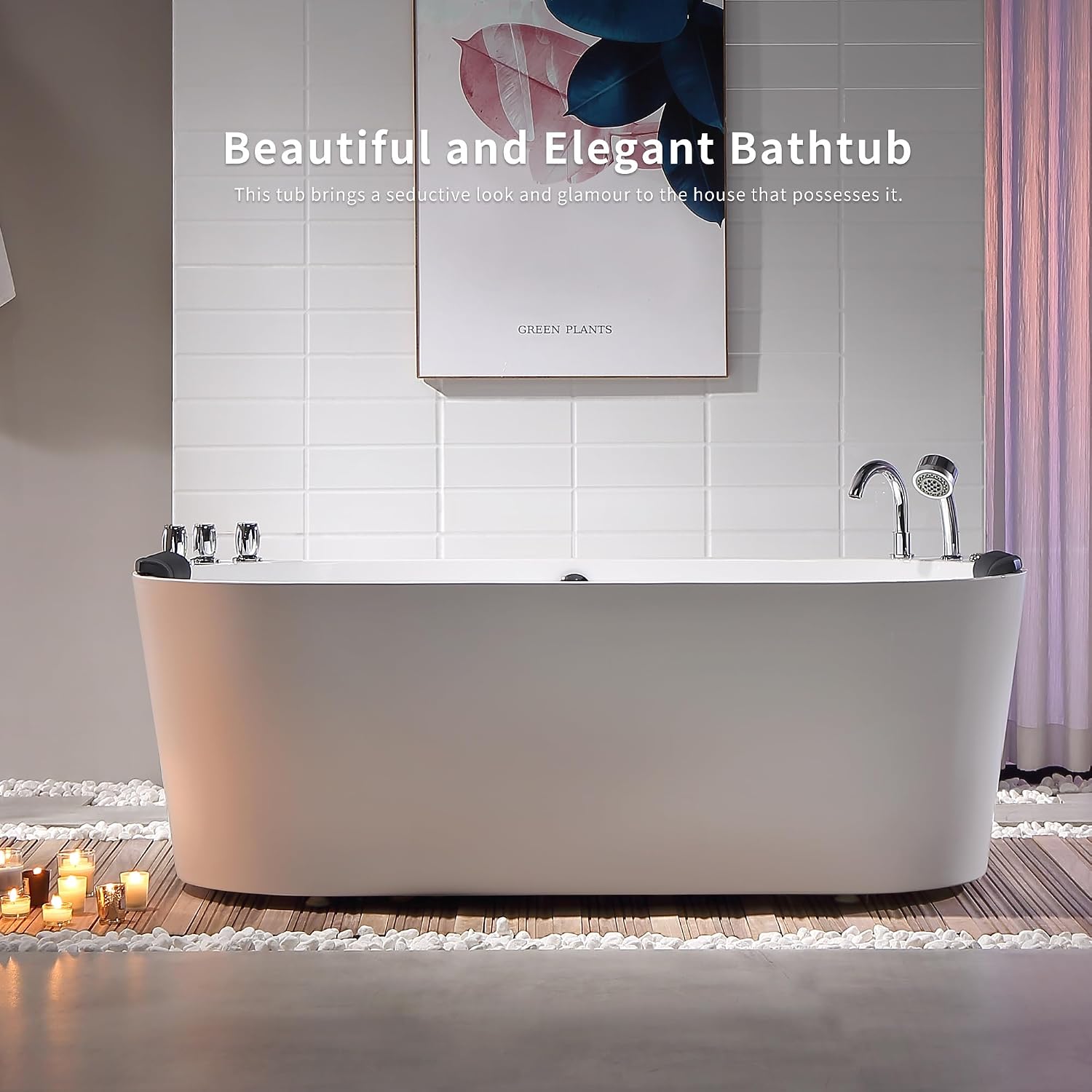 Empava 59 in. Acrylic Freestanding Tub Hydromassage Gracefully Oval Shaped Whirlpool 8 Water Jets Soaking SPA, Double-Ended Massage Bathtub with Two Black Pillow
