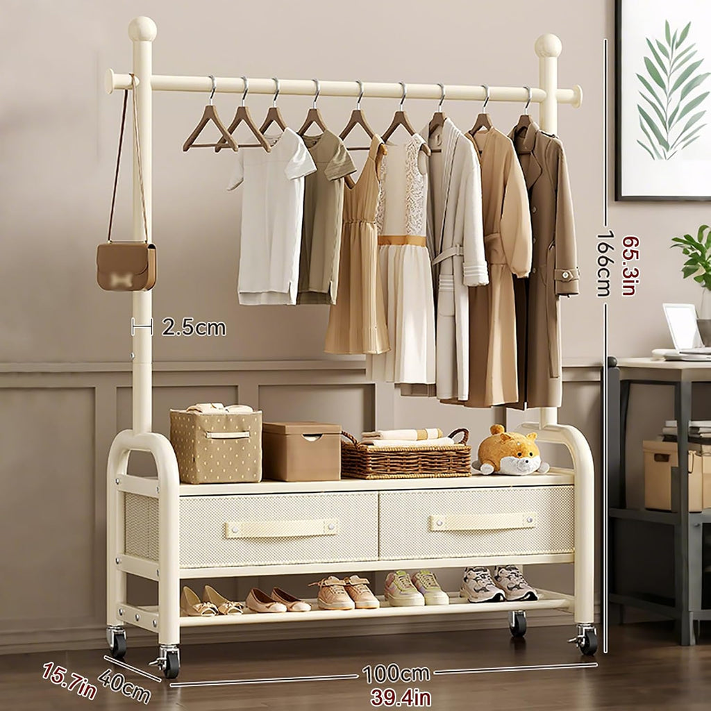 Heavy-Duty Clothes Rack With Wheels,Portable Metal Garment Rack With Storage Shelves And Coat/Hat Hooks,Freestanding Clothing Racks For Hanging Clothes,White(100cm(39.4in))