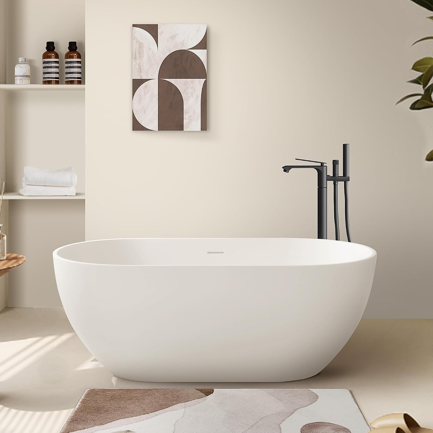 SJ STAR&JANE 59' Solid Surface Freestanding Bathtub, Matte White Oval Soaking Stone Resin Tub with Overflow and Pop-up Drain for Modern Bathrooms