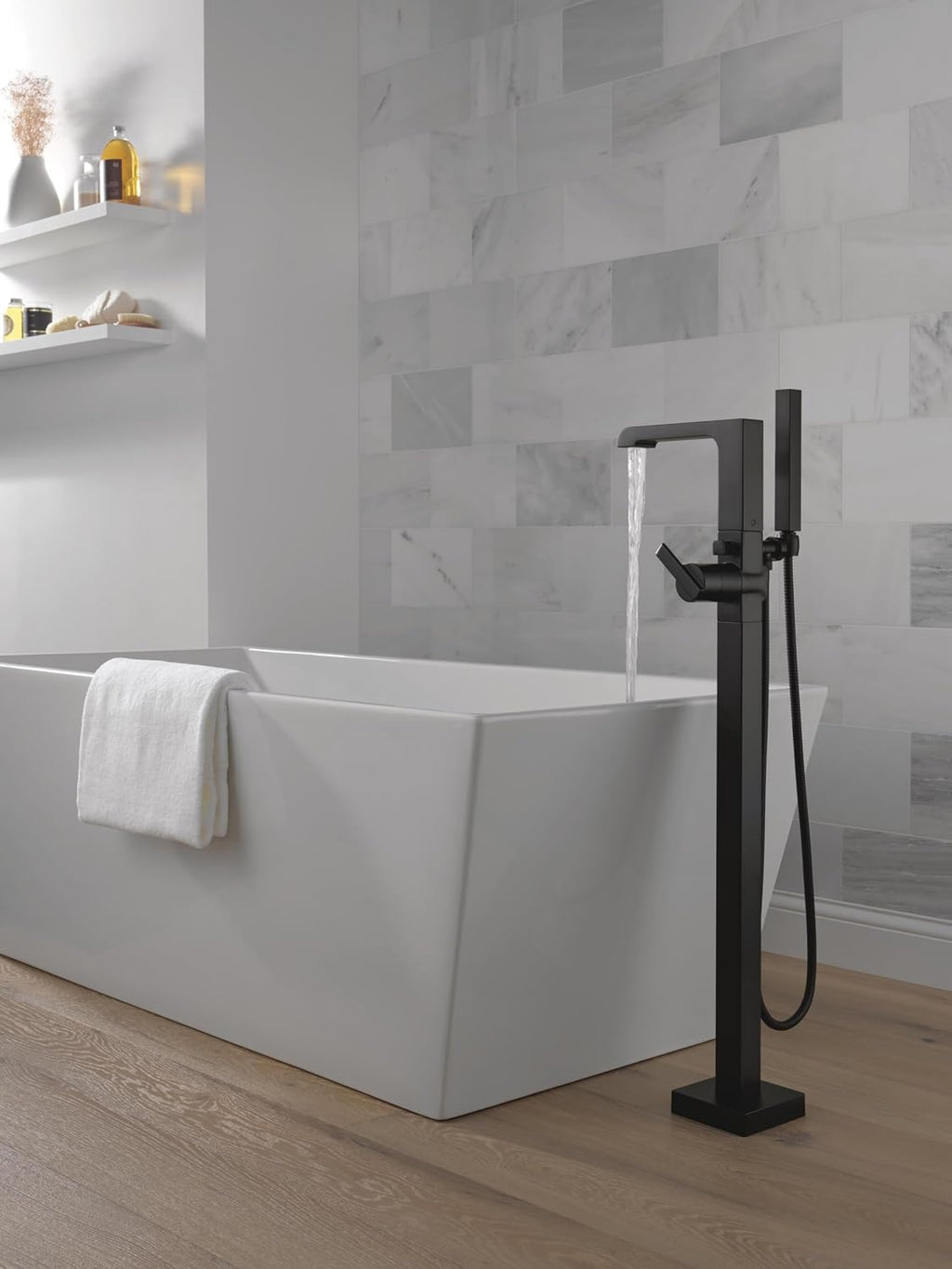 Delta Faucet Ara Floor Mount Tub Filler - Freestanding Roman Tub Spout with Handheld Shower - Flexible Shower Hose - Double Check Valves - Matte Black, T4767-BLFL (Rough Sold Separately)