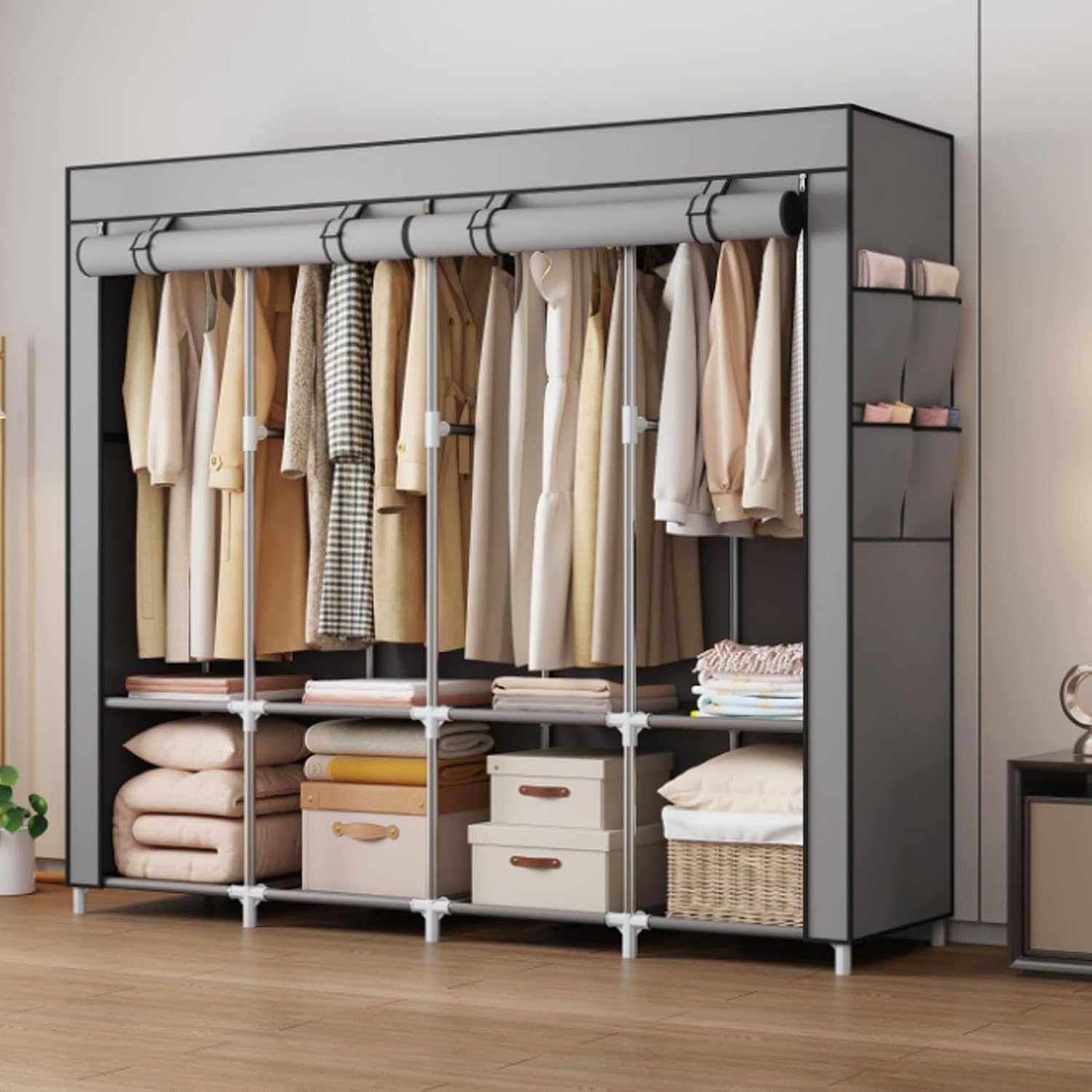 Portable Closet Storage for Hanging Clothes, Large Wardrobe Closet Organizer Clothes Rack wtih Cover, 4 Storage Shelves, FreeStanding for Bedroom Home