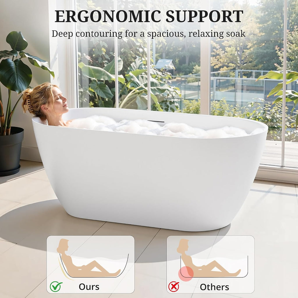 59' Freestanding Bathtub cUPC Certified, Acrylic Oval Deep Soaking Tub, Fiberglass Reinforced Stand Alone Bathtub with Integrated Overflow & Drain, Ergonomic Design, Glossy White Modern Bathroom Tub