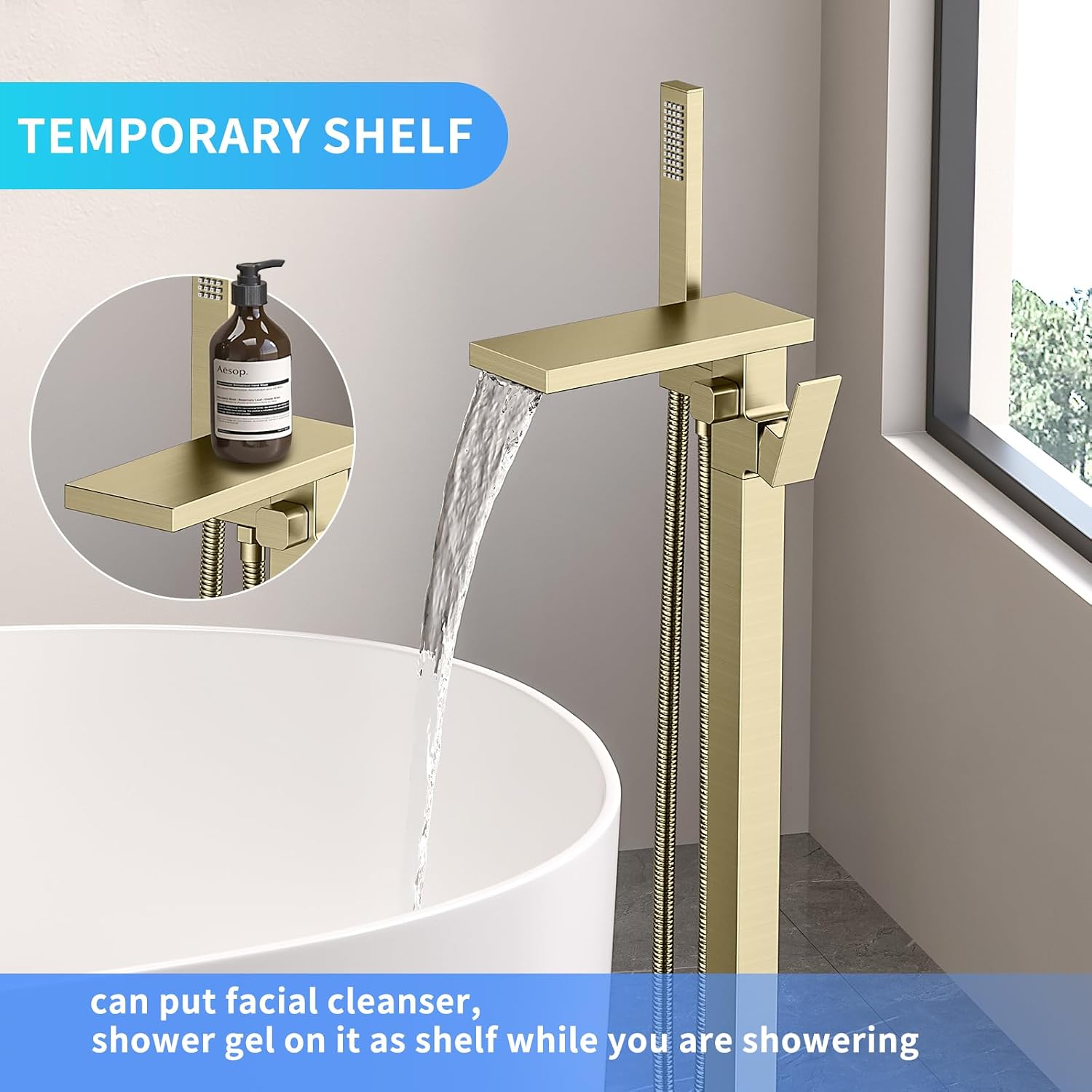 Freestanding Bathtub Faucet with Handheld Spray Single,High Flow Waterfall Bath Shower Faucet,Floor Mount Bathtub Faucet Swivel Flat Waterfall Spout Brushed Gold