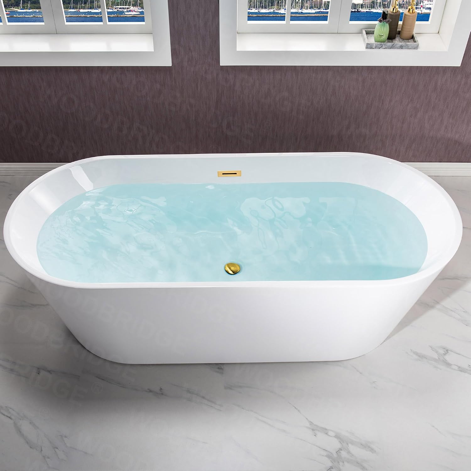 WOODBRIDGE 71' Acrylic Freestanding Bathtub Contemporary Soaking White Tub with Brushed Gold Overflow and Drain,B1701-BG