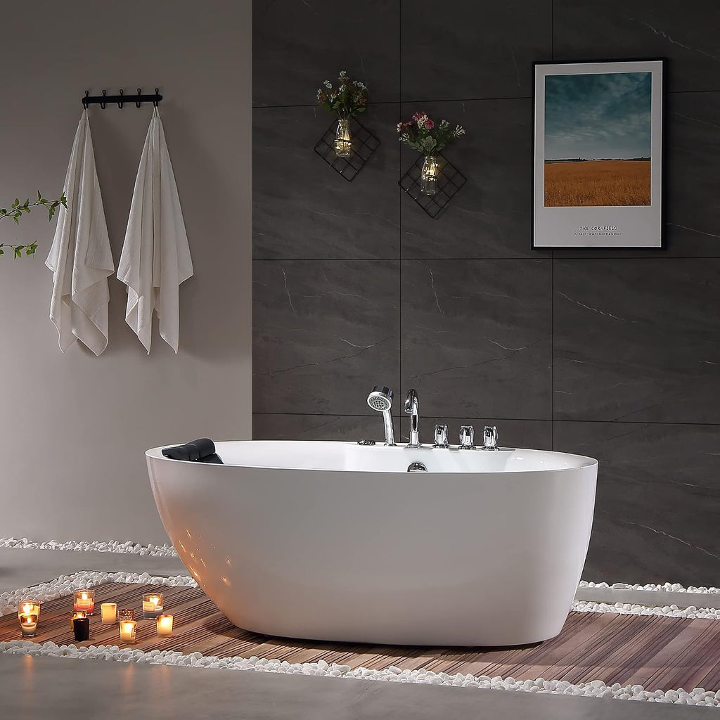 Empava 59' x 28' Freestanding Whirlpool Tub, Stand Alone Jetted Bathtub, Boat Shape with Large Recline Angle, Hydromassage, Adjustable Water Nozzles,Acrylic,ETL Certified