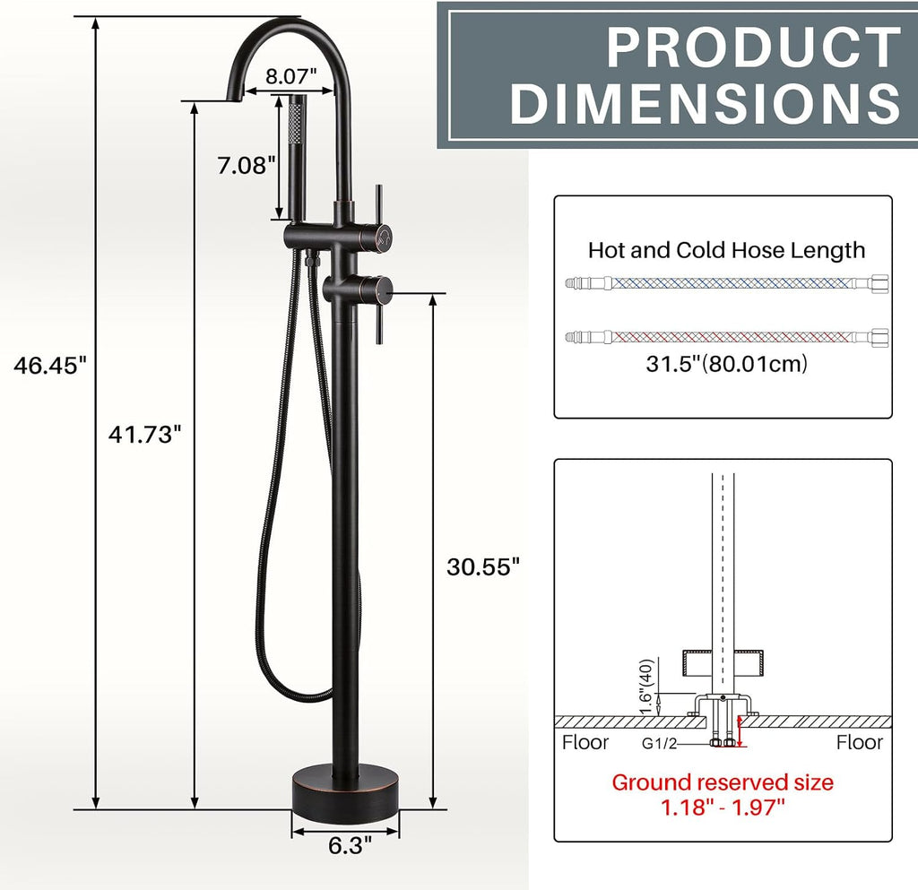 Freestanding Tub Filler Faucet, Floor Mount Oil Rubbed Bronze Bathtub Faucet with Single Handheld Shower, Brass Shower Tub Faucet Set Complete, Bathtub Faucet with Shower