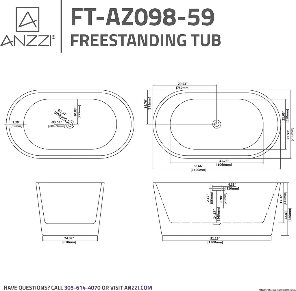 ANZZI Freestanding Acrylic Glossy White Deep Soaker Tub - 59' x 29' x 22' - 79 Gallons - Pre-plumbed, Overflow & Drain Included