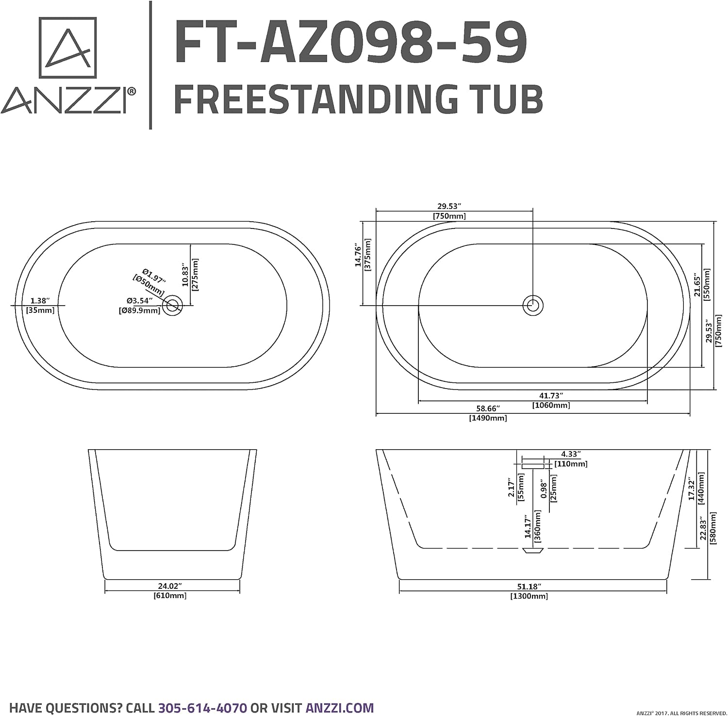 ANZZI Freestanding Acrylic Glossy White Deep Soaker Tub - 59' x 29' x 22' - 79 Gallons - Pre-plumbed, Overflow & Drain Included