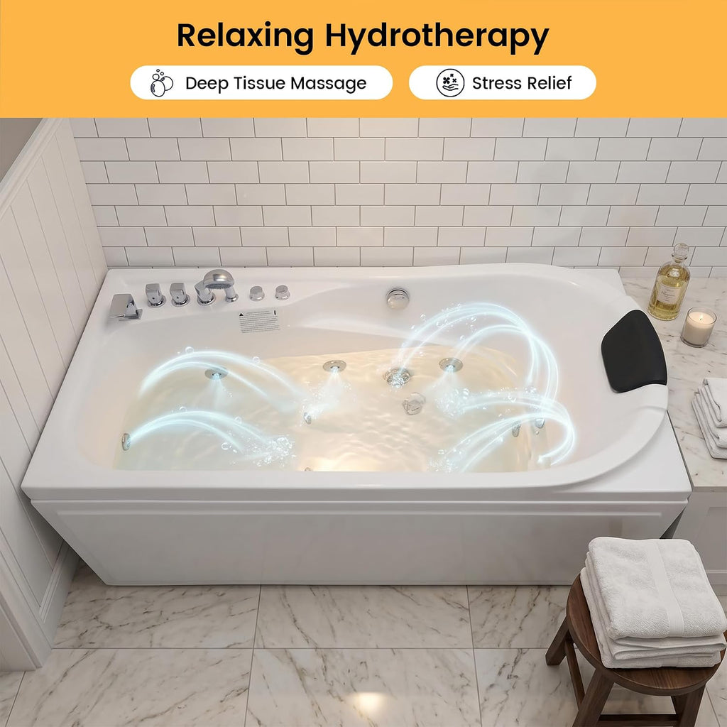 67' x 34' Acrylic Whirlpool Bathtub with Center Drain – 8 Hydro Jets, 750W Jetted Tub, Ergonomic Soaker, White