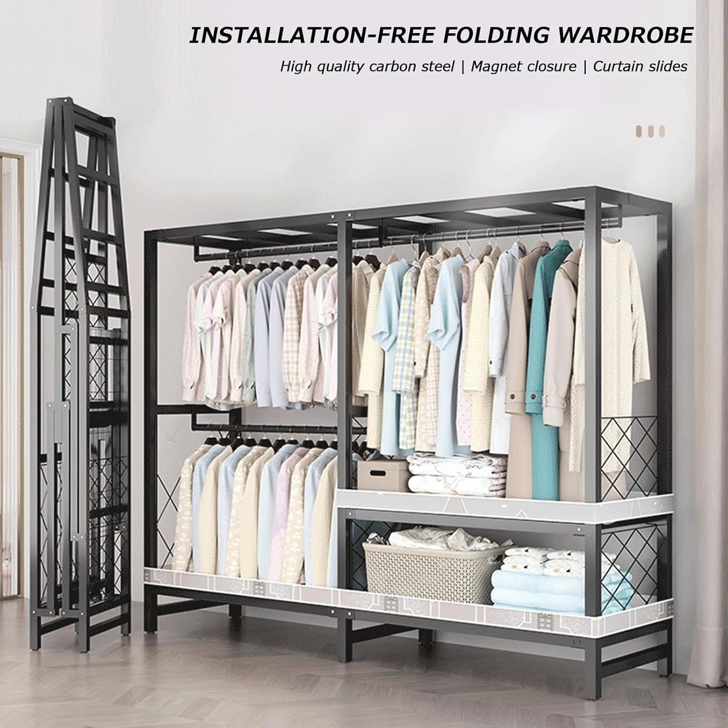 Foldable Clothing Rack - Portable Freestanding Closets Wardrobe, Heavy Duty Rolling Garment Rack With Cover, Width 19.68in, Max 1500lbs, For Hanging Clothes, Metal Armoires,multiple Sizes ( Color : B