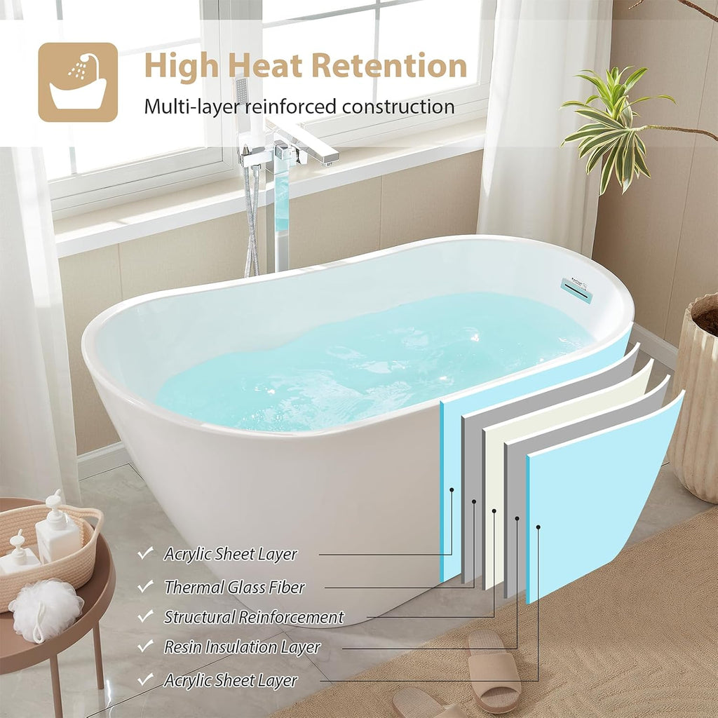 Vanity Art 55 x 28 Inches Freestanding Bathtub White Acrylic Bathtub Modern Stand Alone Soaker Tub with UPC Certified Slotted Overflow and Pop-up Drain for Single Person Bathing