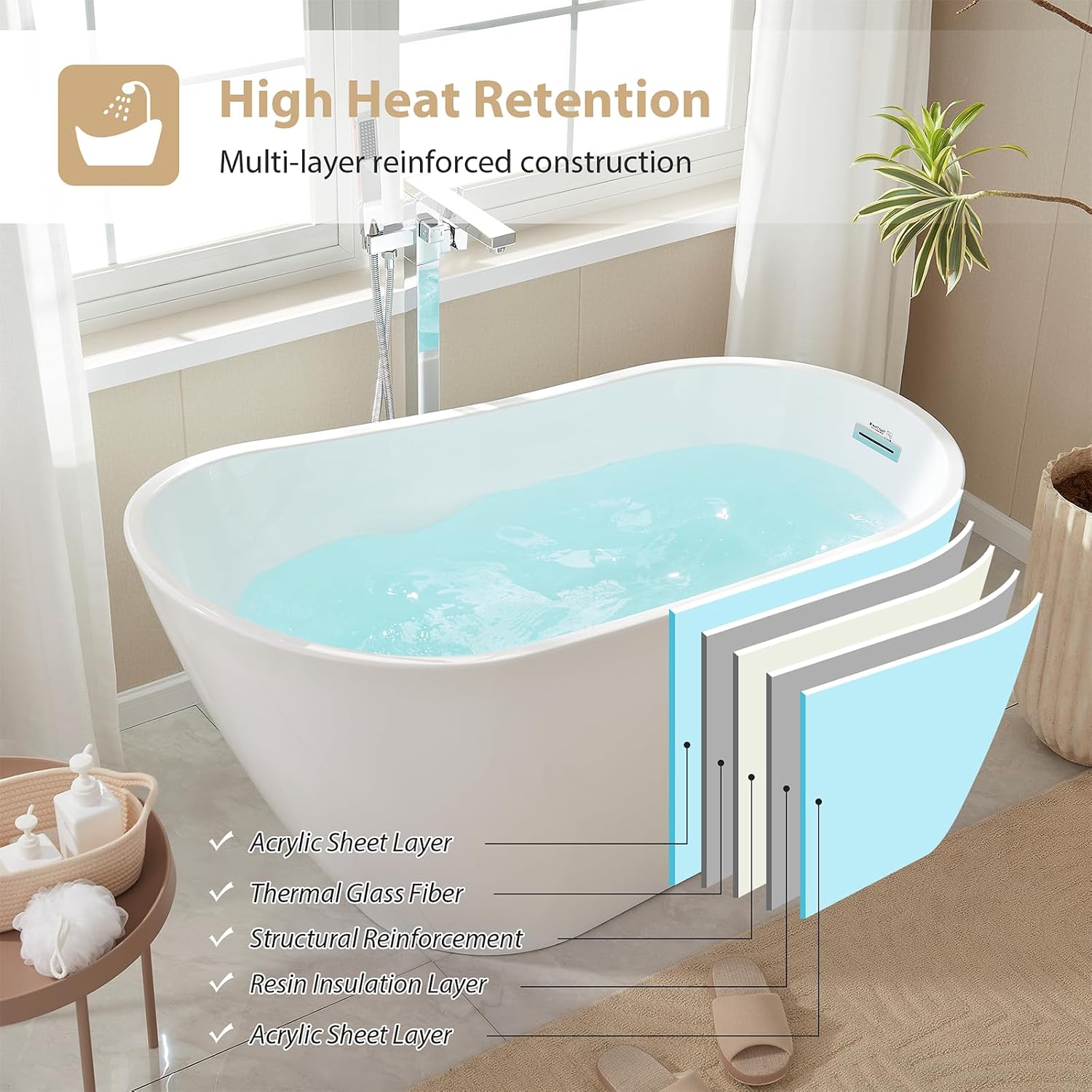 Vanity Art 55 x 28 Inches Freestanding Bathtub White Acrylic Bathtub Modern Stand Alone Soaker Tub with UPC Certified Slotted Overflow and Pop-up Drain for Single Person Bathing