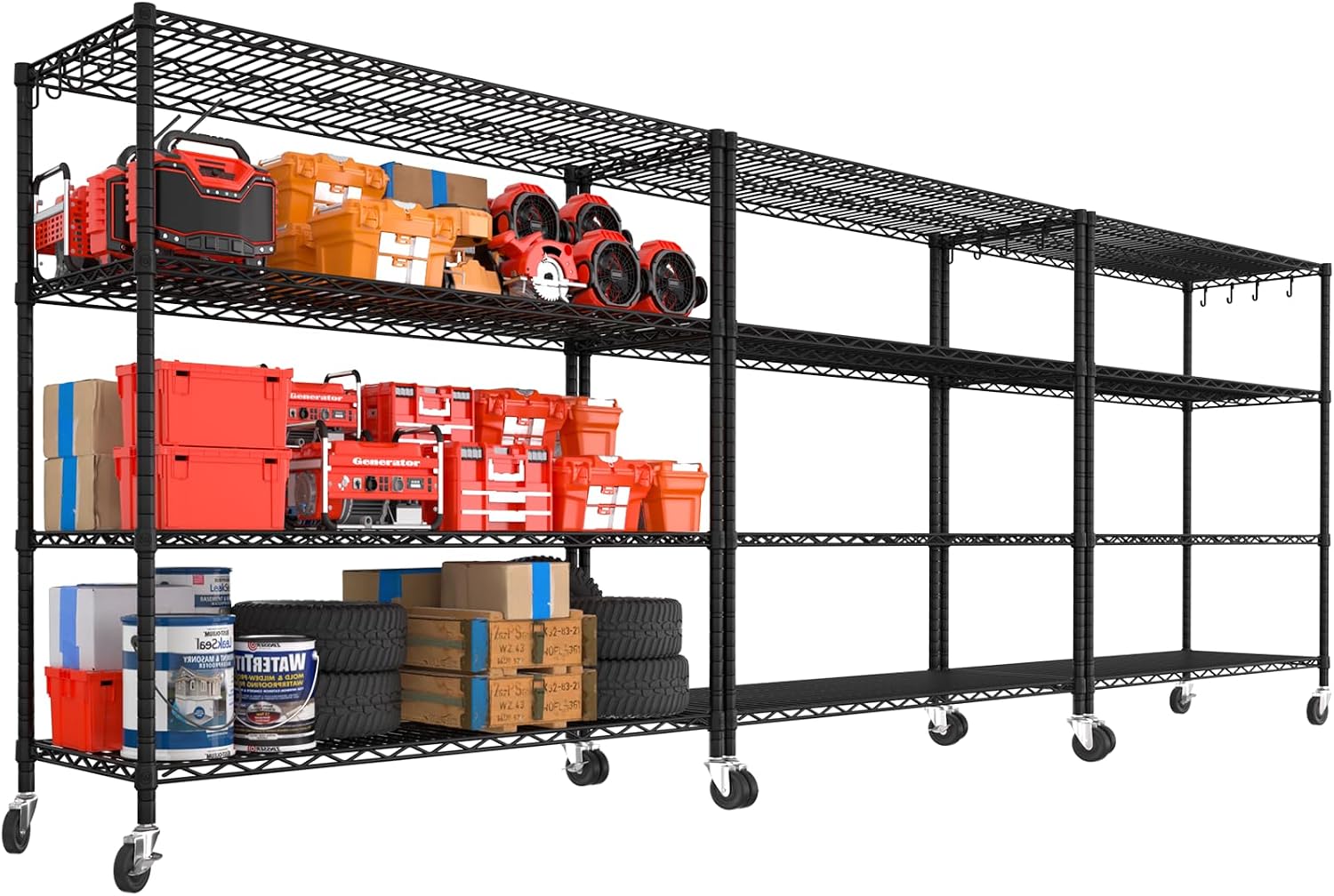PrimeZone 3 Packs 55.5' W x 24' D x 80' H Heavy Duty Wire Storage Shelves with Wheels, 4 Tier Adjustable NSF Commercial Garage Shelving Unit, Rolling Metal Organizer Shelf Rack for Warehouse, Pantry